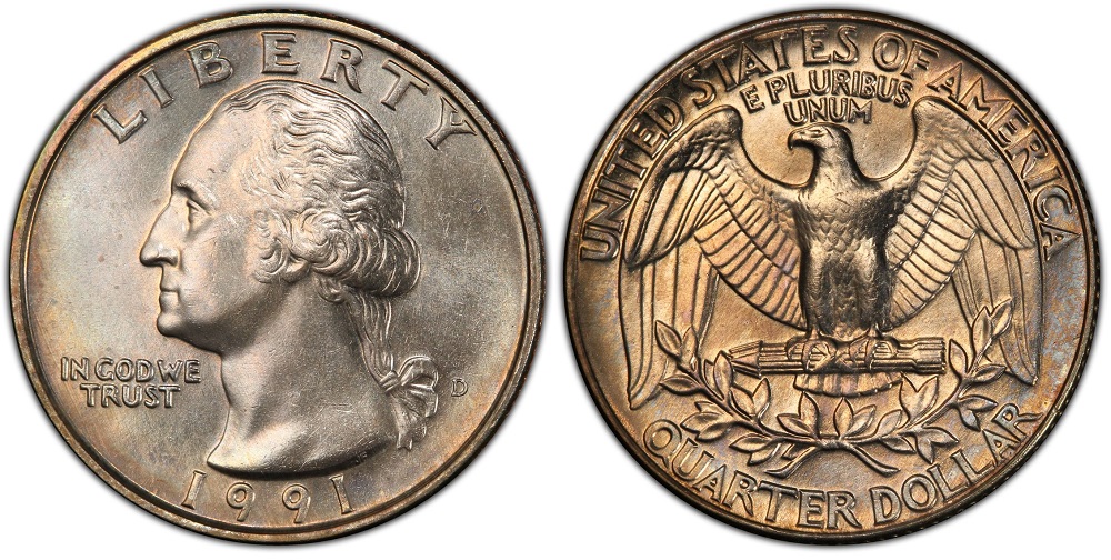 Comparison of 1991-D Washington Quarter MS-65 (common) vs MS-67 (rare) showing luster and surface mark differences