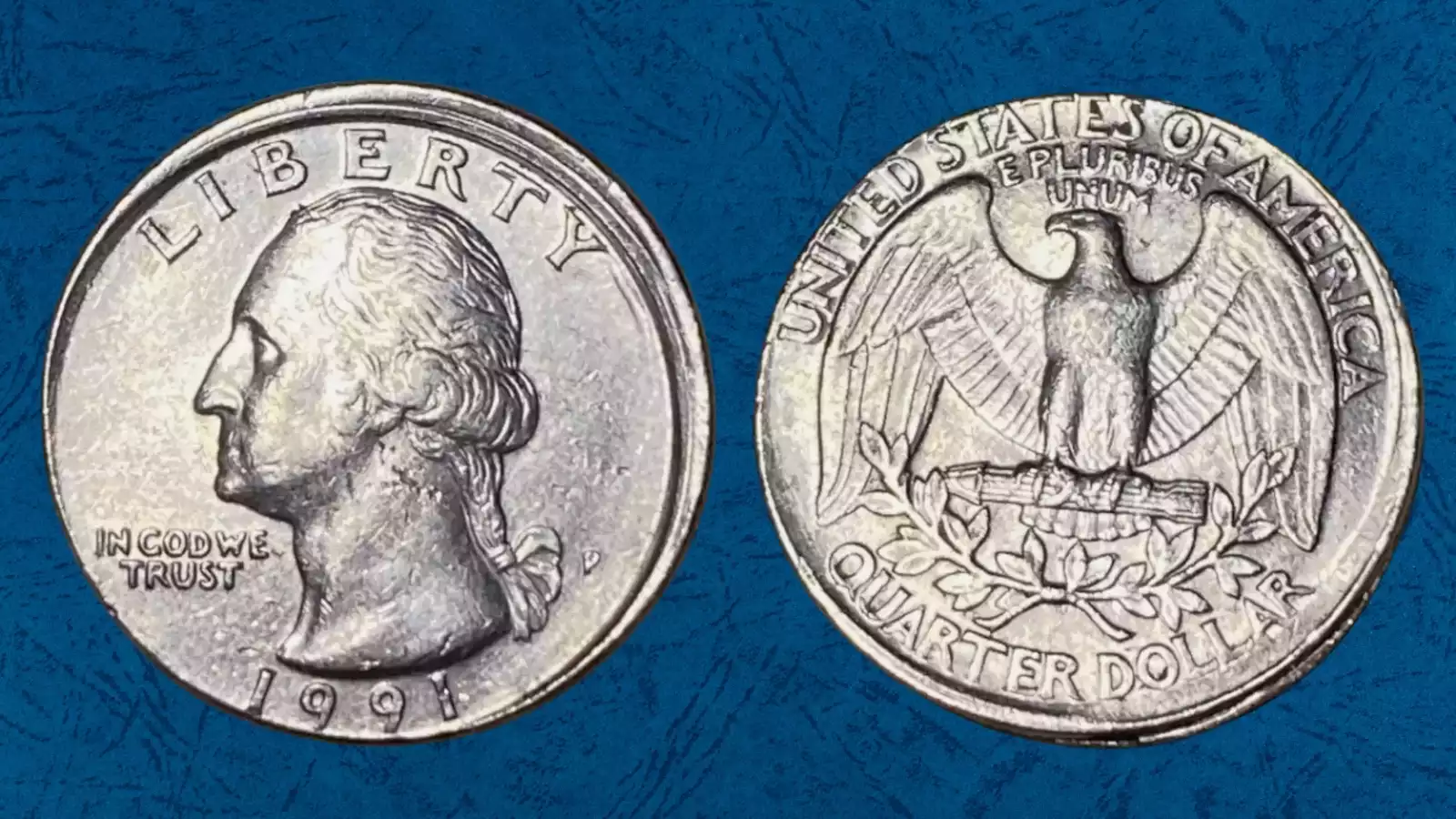 1991 Washington Quarter off-center strike error showing blank crescent and shifted design with visible date