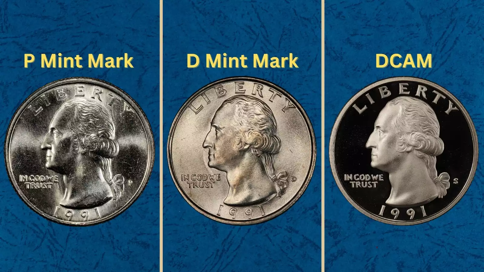 Group of 1991 Washington quarters spanning the grade spectrum from circulated to gem mint state