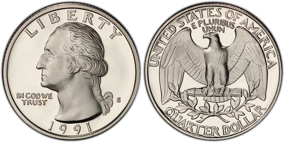 1991 Washington Quarter grading strip showing four coins from worn Good grade through gem Mint State condition